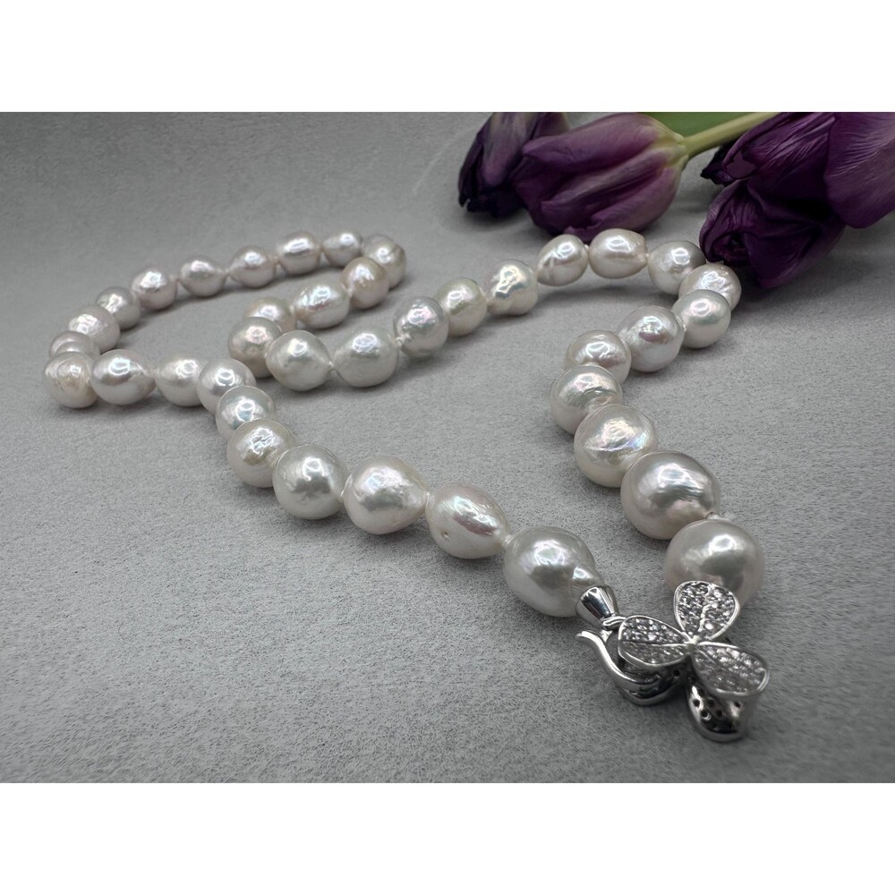21” White Baroque Edison Pearl Necklace Kasumi Style Sterling Silver CZ Clasp